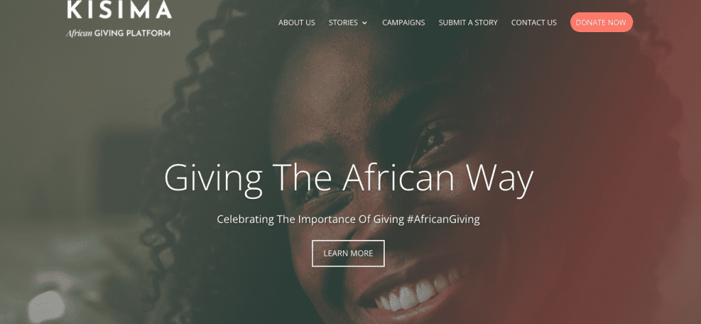 Landing page of the Kisima African Giving Platform