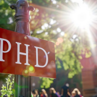 PHD concept image with PHD sign and PHD graduate students in background